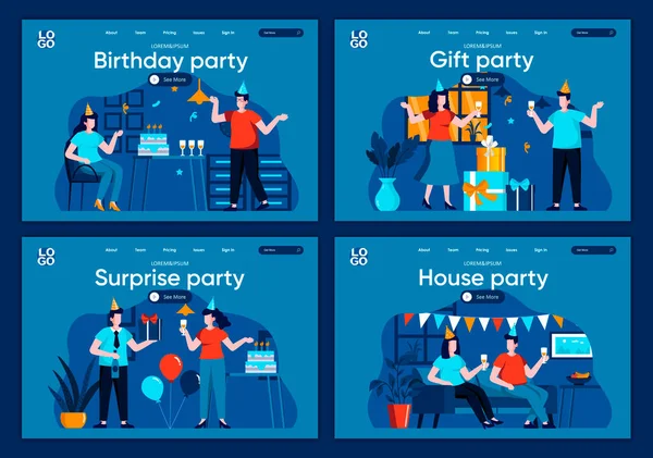Επίπεδες Σελίδες Για Πάρτι Έκπληξη Γιορτινή Γιορτή Στο Σπίτι Φίλους — Διανυσματικό Αρχείο