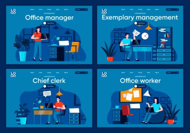 Office management flat landing pages set. Tasks management and planning, work organization scenes for website or CMS web page. Office management, chief clerk and manager vector illustration. clipart