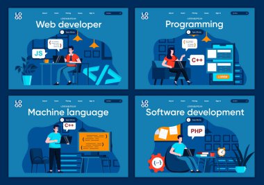 Yazılım geliştirme düz iniş sayfaları ayarlandı. Web sitesi veya CMS web sayfası için ofis sahnelerinde çalışan ön uç ve arka uç geliştiricileri. Web geliştirme, programlama ve makine dili vektör çizimi