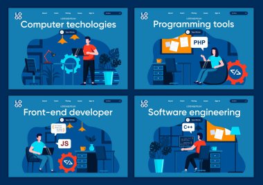 Bilgisayar teknolojileri düz iniş sayfaları ayarlandı. Web sitesi veya CMS web sayfası için yazılım geliştirme şirketi sahneleri. Programlama araçları, ön yüz geliştirici, yazılım mühendisliği vektör illüstrasyonu.