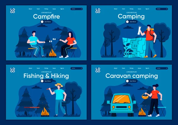 Caravana Camping Plana Landing Pages Set Viajando Com Mochila Barraca —  Vetores de Stock