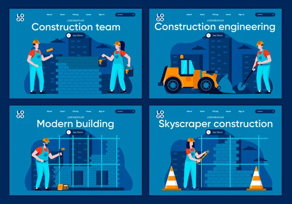 建設工学フラットランディングページを設定します ウェブサイトやCmsのウェブページのシーンで働く溶接機 画家やレンガ屋 近代的な建物の会社 超高層ビル建設ベクトル図 — ストックベクタ