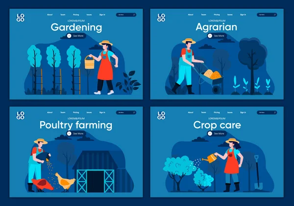 Conjunto Landing Pages Planas Agricultura Natural Agricultores Plantando Regando Cultivos — Archivo Imágenes Vectoriales