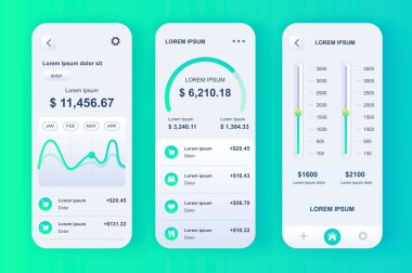 Akıllı finans müdürü neomorfik tasarım kiti. Banka hesapları izleme, bütçe uygulaması, mali planlama ve kısıtlama ayarları. Çevrimiçi bankacılık UI, UX şablon seti. Yanıtlayıcı mobil uygulama arayüzü.
