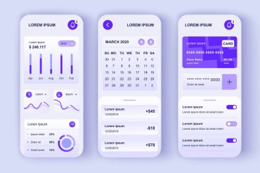 Finans müdürü benzersiz neomorfik tasarım kiti. Kredi kartı bakiyesi, ödeme hatırlatıcıları ve analizleriyle birlikte harcamaların izlenmesi. Çevrimiçi bankacılık UI, UX şablon seti. Yanıtlayıcı mobil uygulama arayüzü