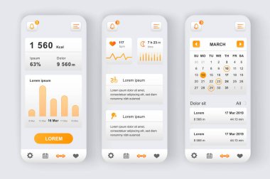 Eşsiz neomorfik tasarım kiti. Takvim planlayıcısı, kalp atış hızı monitörü ve çevrimiçi analizlerle fitness aktivite uygulaması. Spor UI, UX şablon seti. Yanıtlayıcı mobil uygulama arayüzü.