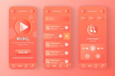 Müzik çalar benzersiz mercan kırmızısı neomorfik tasarım kiti. Şarkıları, arama müziği ve ses yayını olan favori çalma listesi. Çevrimiçi müzik uygulaması UI, UX şablon seti. Yanıtlayıcı mobil uygulama arayüzü.