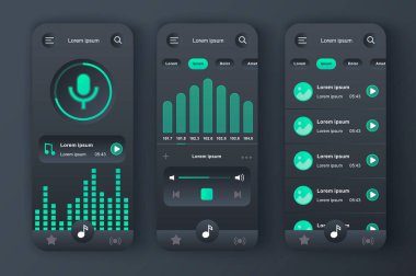Müzik çalar benzersiz neomorfik tasarım kiti. Ses kaydı, grafik eşitleyici ve beste listesiyle müzik uygulaması. Müzik dinleme UI, UX şablon seti. Yanıtlayıcı mobil uygulama arayüzü