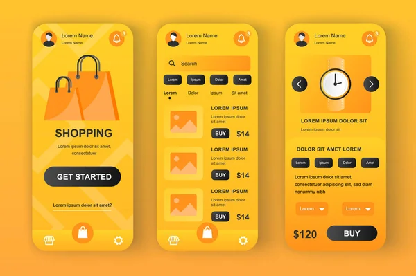 Shopping Solution Μοναδικό Κίτρινο Neomorphic Design Kit Εφαρμογή Αγορών Για — Διανυσματικό Αρχείο