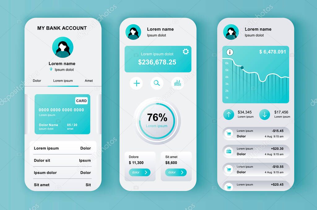 Online banking unique neomorphic design kit for app. Mobile wallet screens with financial analytics and money balance. Financial management UI, UX template set. GUI for responsive mobile application.