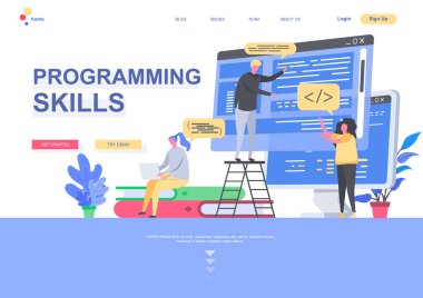Programlama becerileri düz iniş sayfası şablonu. Geliştiriciler internet uygulama durumu tasarlayıp inşa ediyorlar. İnsanların oynadığı web sayfası. Yazılım geliştirme vektör çizimi.