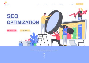 SEO optimizasyon düz iniş sayfası şablonu. Pazarlama ekibi büyüteç durumuyla ilgili bilgileri analiz ediyor. İnsanların oynadığı web sayfası. Arama motoru optimizasyon vektörü çizimi.