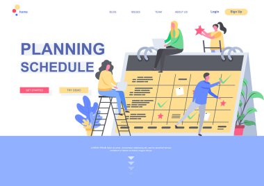 İniş planını planlıyorum. Büyük masa takvimine göre hafta ve ayı birlikte planlıyoruz. İnsanların oynadığı web sayfası. Zaman yönetimi vektör illüstrasyonu.