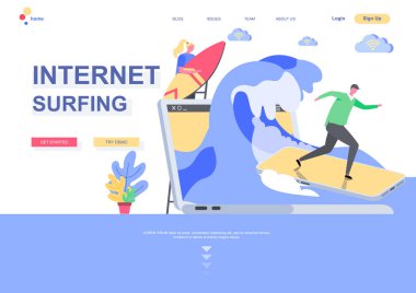 İnternet sörfü düz iniş sayfası şablonu. İnternet gezintisi, akıllı telefondaki sörf dalgaları sörf tahtası durumu gibi. İnsanların oynadığı web sayfası. Hızlı ağ bağlantı vektörü çizimi.
