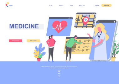 Tıbbın düz iniş sayfası şablonu. Kardiyoloji pratiği, akıllı telefon durumuyla ilgili online doktorluk. İnsanların oynadığı web sayfası. Klinik vektör illüstrasyonunda teşhis ve tedavi.