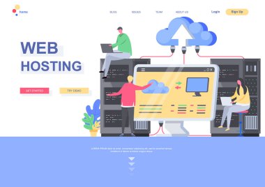 Web sitesi düz iniş sayfası şablonu sunuyor. Bilgi işlem uzmanları sunucu donanımı durumunu yönetiyor. İnsanların oynadığı web sayfası. Bulut hesaplama teknolojisi, sunucu ve destek hizmetleri vektör illüstrasyonu