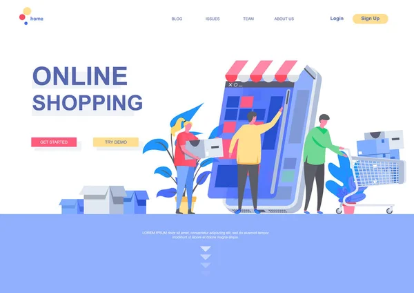 Online Shopping Flache Landing Page Vorlage Einkaufen Mobile Anwendung Menschen — Stockvektor