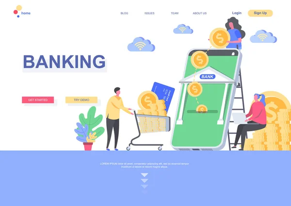 Bankieren Platte Landing Page Template Online Betaling Financiële Transactie Met — Stockvector