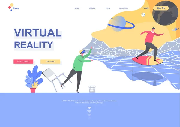 Virtual Reality Flache Landing Page Vorlage Mann Mit Virtual Reality — Stockvektor