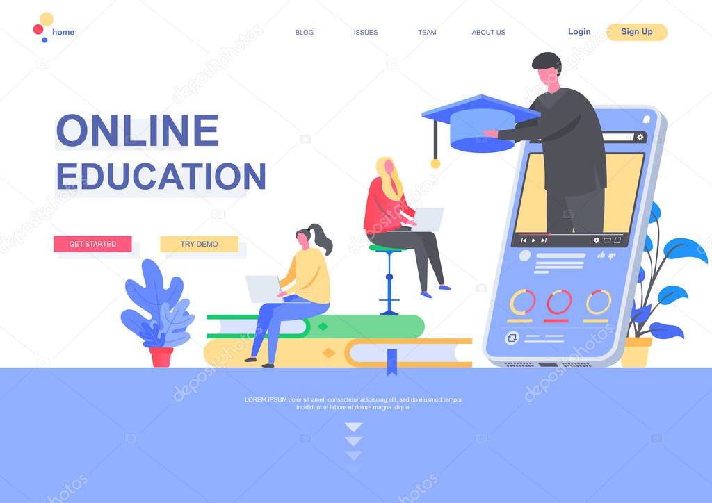 Online education flat landing page template. Distance learning students, professional courses and skills development situation. Web page with people characters. Interactive study vector illustration.