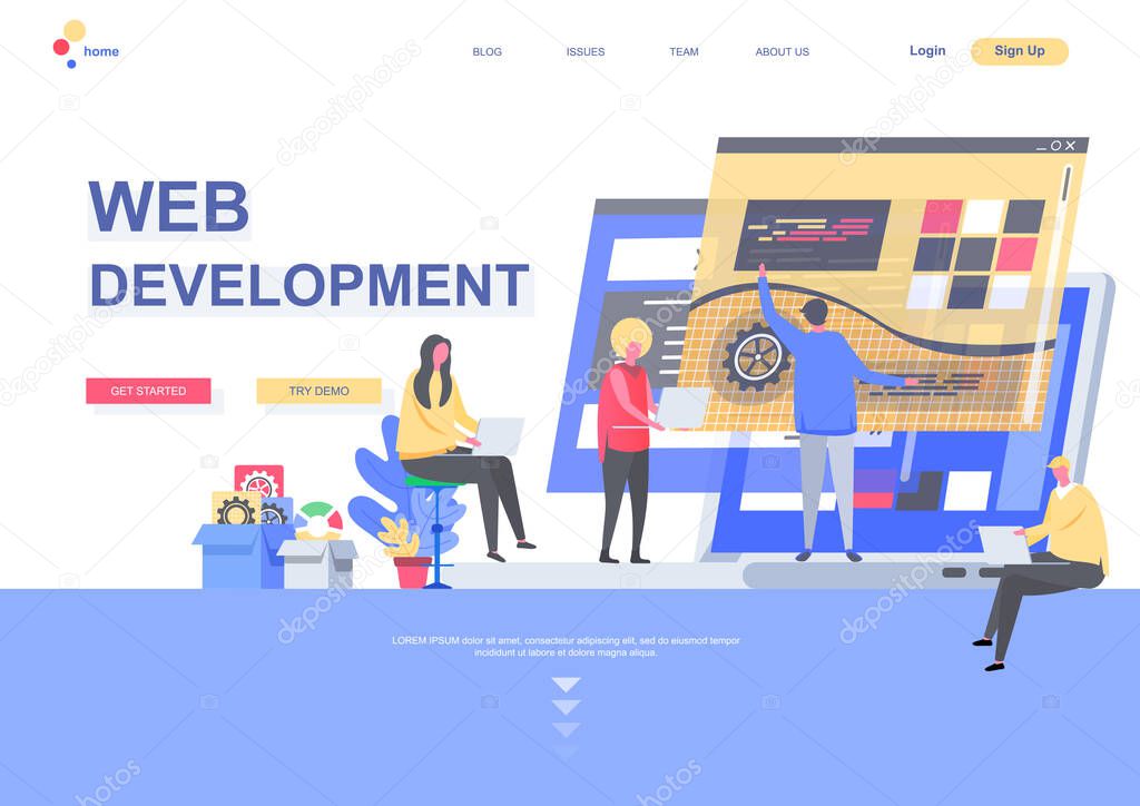Web development flat landing page. Front end and back end development, developers team create internet application situation. Web page with people characters. Software engineering vector illustration