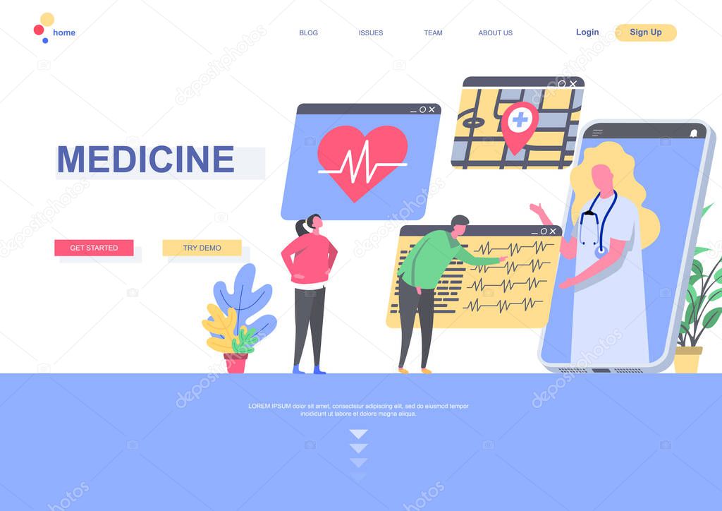 Medicine flat landing page template. Cardiology practice, doctor online consultation by smartphone situation. Web page with people characters. Diagnosis and treatment in clinic vector illustration.