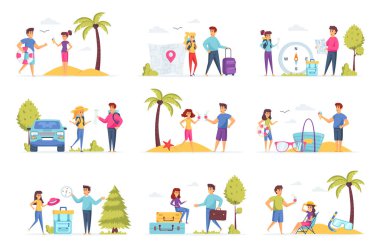 Seyahat sahneleri insanlarla doludur. Sırt çantalı turistler, tropik plaj durumlarında dinlenen genç çiftler. Yaz tatili ve aktivite düz vektör çizimi.