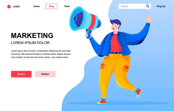 Marketing Composição Landing Page Plana Jovem Falando Megafone Personagem Pessoas — Vetor de Stock