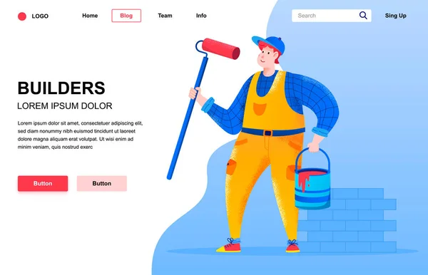 Builders Flache Landing Page Zusammensetzung Malermann Mit Malerrolle Und Malerkorb — Stockvektor