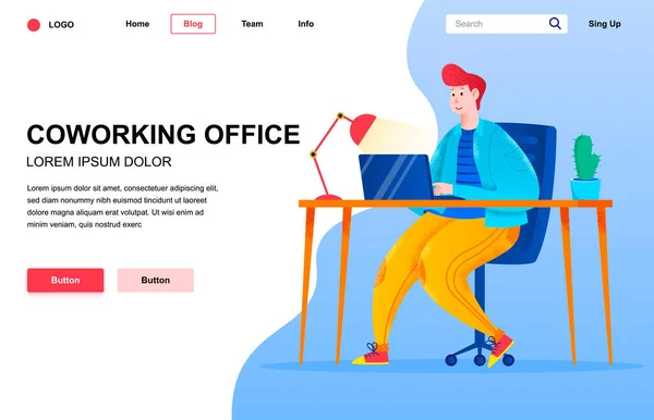 Coworking Office Flat Landing Page Composition Jovem Trabalhando Com Laptop — Vetor de Stock