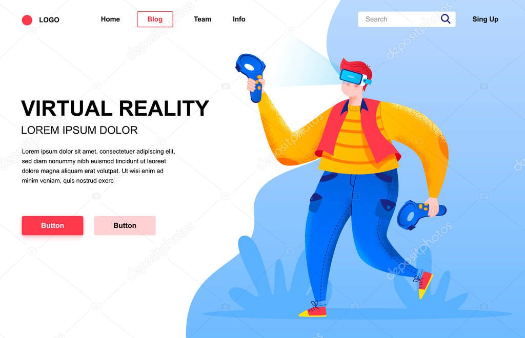 Virtual reality flat landing page composition. Young man standing with VR goggles and keep joysticks. Colorful people character with noise texture vector illustration. Modern digital entertainment.