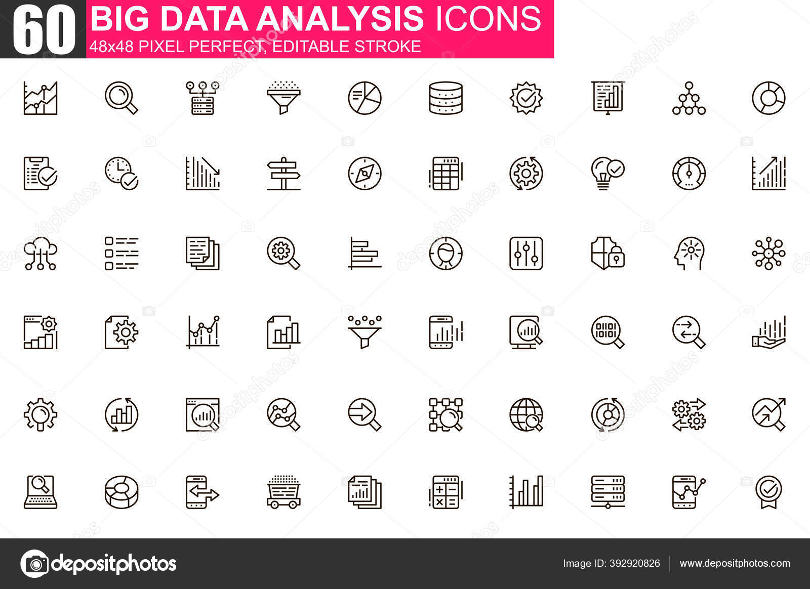 ビッグデータ解析細線アイコンセット ウェブサイトやモバイルアプリのGui用のデータ処理アウトラインピクトグラム デジタル分析シンプルなUi Uxベクトル アイコン 48X48ピクセルの完璧な線形ピクトグラムパック ストックベクター ©alexdndz 392920826