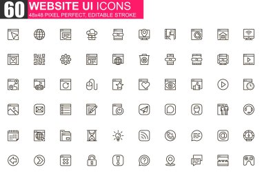 İnternet sitesi UI ince çizgi simgesi seti. Web ve mobil uygulama için kullanıcı menüsü ve arayüz navigasyon ana hatları pictogram. Yönetim ve mesajlaşma basit vektör simgeleri. 48x48 piksel mükemmel doğrusal pictogram paketi.
