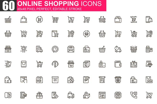 Online Winkelen Dunne Lijn Pictogram Set Internet Markt Schema Pictogrammen — Stockvector