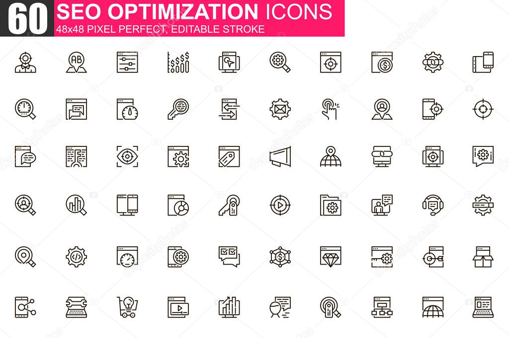 SEO optimization thin line icon set. Web analytics outline pictograms for website and mobile app GUI. Search engine optimization simple UI, UX vector icons. 48x48 pixel perfect linear pictogram pack.