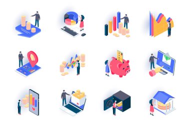 Mali izometrik simgeler ayarlandı. Hisse senedi ticareti, sermaye yatırımı düz vektör çizimi. Finansal işlemler, banka hesapları, para geliri ve ödeme 3d izometri resimtogramları.