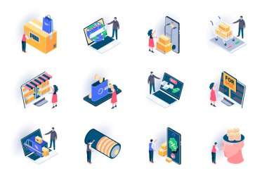 Perakende dağılım izometrik simgeleri ayarlandı. Çevrimiçi sipariş ve satın alma servisi düz vektör çizimi. İnternet alışverişi ve kredi kartı ödemesi insan karakterli 3d izometri resimtogramları.