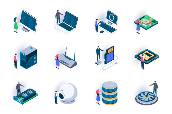 Eléments Informatiques Icônes Isométriques Ensemble Composants Électroniques Numériques Pièces Ordinateur — Image vectorielle