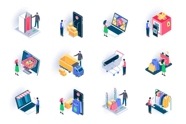 Online Shopping Isometric Icons Set Internet Marketplace Discount Shopping Global — Stock Vector