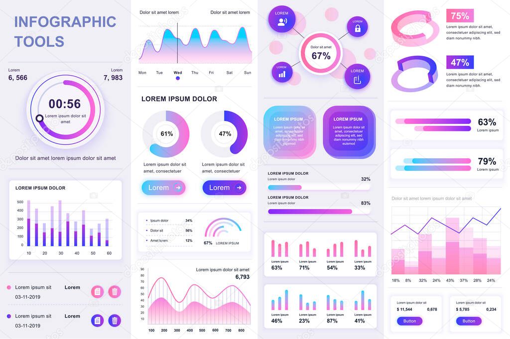 Bundle infographic UI, UX, KIT elements. Different charts, diagrams, workflow, flowchart, timeline, schemes, marketing icons, graphs and bars design template. Vector info graphic and infographics set.