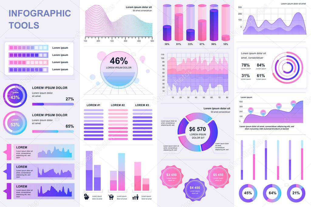 Bundle infographic UI, UX, KIT elements. Different charts, diagrams, workflow, flowchart, timeline, schemes, marketing icons, graphs and bars design template. Vector info graphic and infographics set.