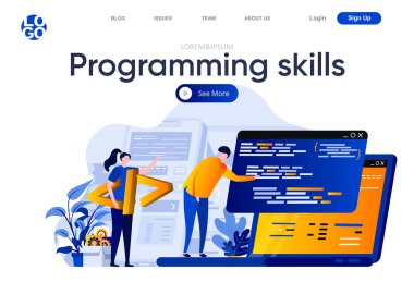 Programlama becerileri düz iniş sayfası. Geliştiriciler, bilgisayar uygulama vektör illüstrasyonunu yaratıyor, test ediyor ve programlıyor. Yazılım geliştirme web sayfası insan karakterleri kompozisyonu.