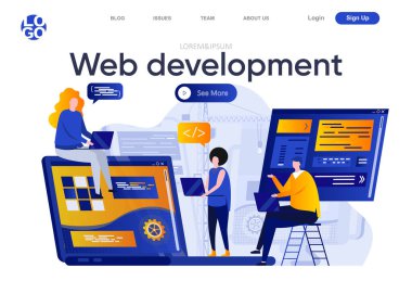 Web geliştirme düz iniş sayfası. Tasarımcı ve geliştiricilerden oluşan yaratıcı bir ekip vektör illüstrasyonunda birlikte çalışır. İnsan karakterli tam yığın geliştirme, yazılım mühendisliği web sayfası bileşimi