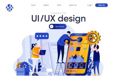 UI UX tasarım düz iniş sayfası. Geliştiriciler ekibi birlikte mobil uygulama vektör çizimi arayüzü oluşturuyorlar. İnsan karakterleriyle ilgili tepkili tasarım ve kullanılabilirlik web sayfası bileşimi.
