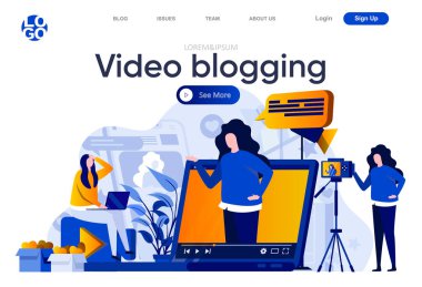 Video blogları düz iniş sayfası. Video, vlog ve vektör çizimi yapan profesyonel blogcu. Sosyal medya web sitesi için insan karakterli video içeriği üretimi