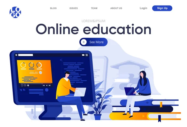 Educação Online Página Destino Plana Estudantes Aprendendo Com Ilustração Vetorial — Vetor de Stock
