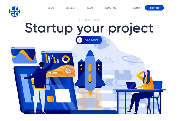 Inicie Sua Landing Page Plana Projeto Equipe Fundadores Startup Lançando — Vetor de Stock