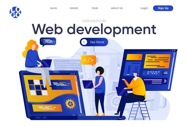 Desarrollo Web Página Aterrizaje Plana Equipo Creativo Diseñadores Desarrolladores Trabajan — Vector de stock