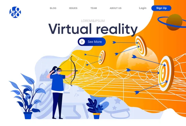 Virtual Reality Flat Landing Page Pemanah Wanita Dengan Headset Realitas - Stok Vektor