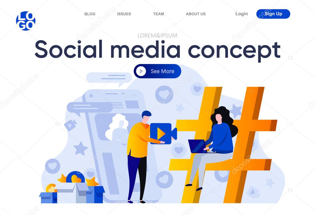 Social media concept flat landing page. Marketing team creating quality video content for social media vector illustration. Internet advertising promotion web page composition with people characters